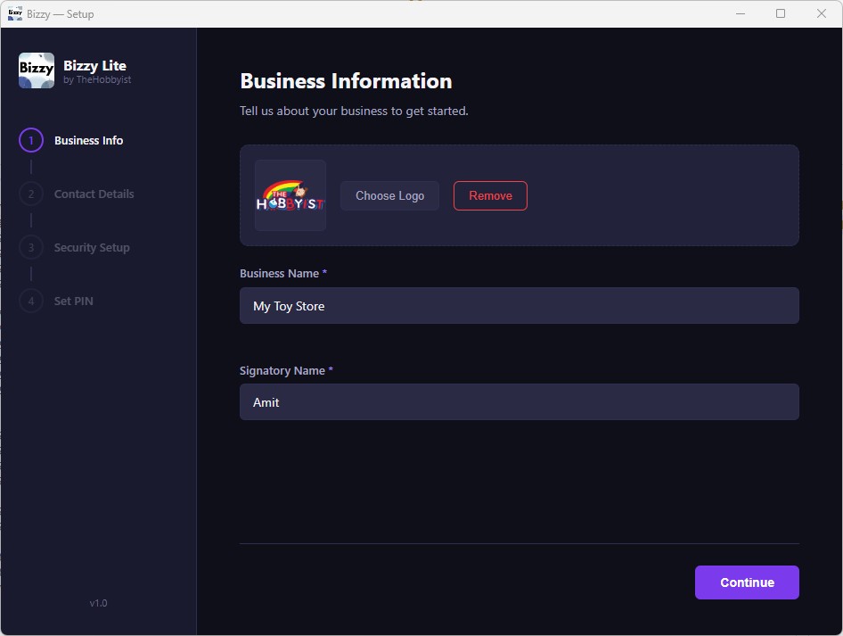 Setup step 1 — business name and logo